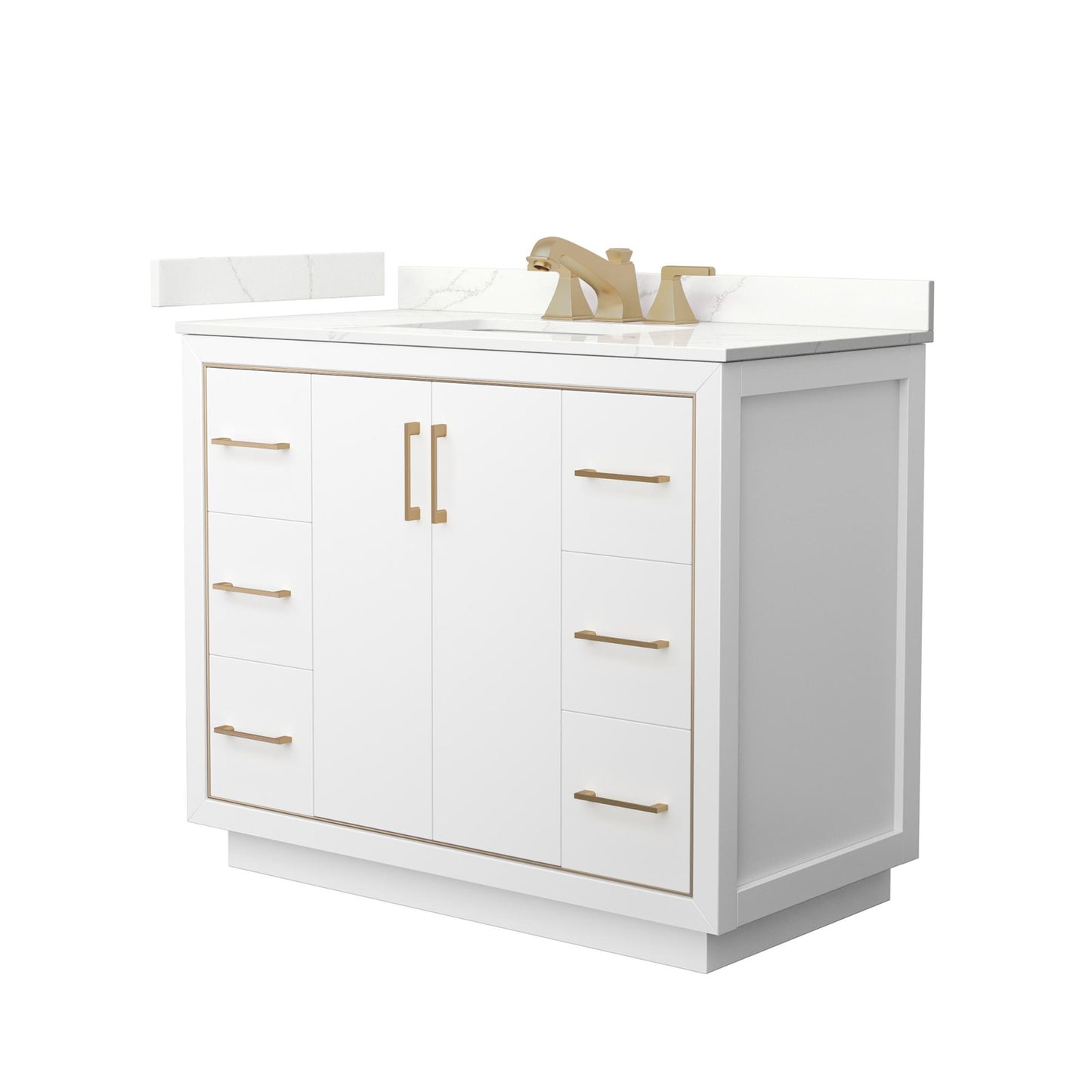 Wyndham Collection Icon 42" Single Bathroom Vanity in White, Giotto Quartz Countertop, Undermount Square Sink (3-Hole), Satin Bronze Trim