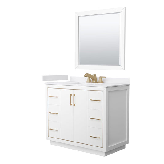 Wyndham Collection Icon 42" Single Bathroom Vanity in White, White Cultured Marble Countertop, Undermount Square Sink (3-Hole), Satin Bronze Trim, 34" Mirror