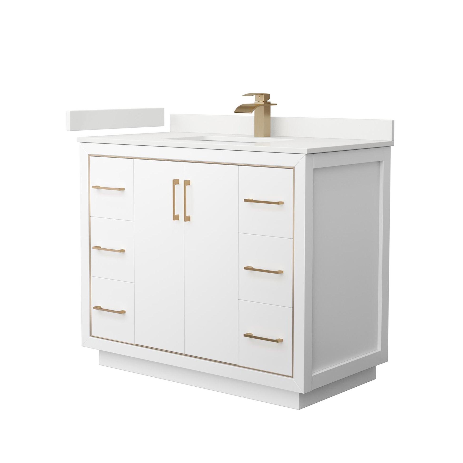 Wyndham Collection Icon 42" Single Bathroom Vanity in White, White Quartz Countertop, Undermount Square Sink (1-Hole), Satin Bronze Trim