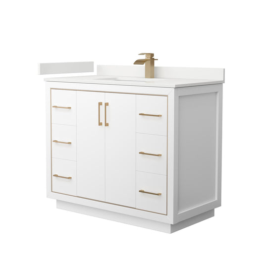 Wyndham Collection Icon 42" Single Bathroom Vanity in White, White Quartz Countertop, Undermount Square Sink (1-Hole), Satin Bronze Trim