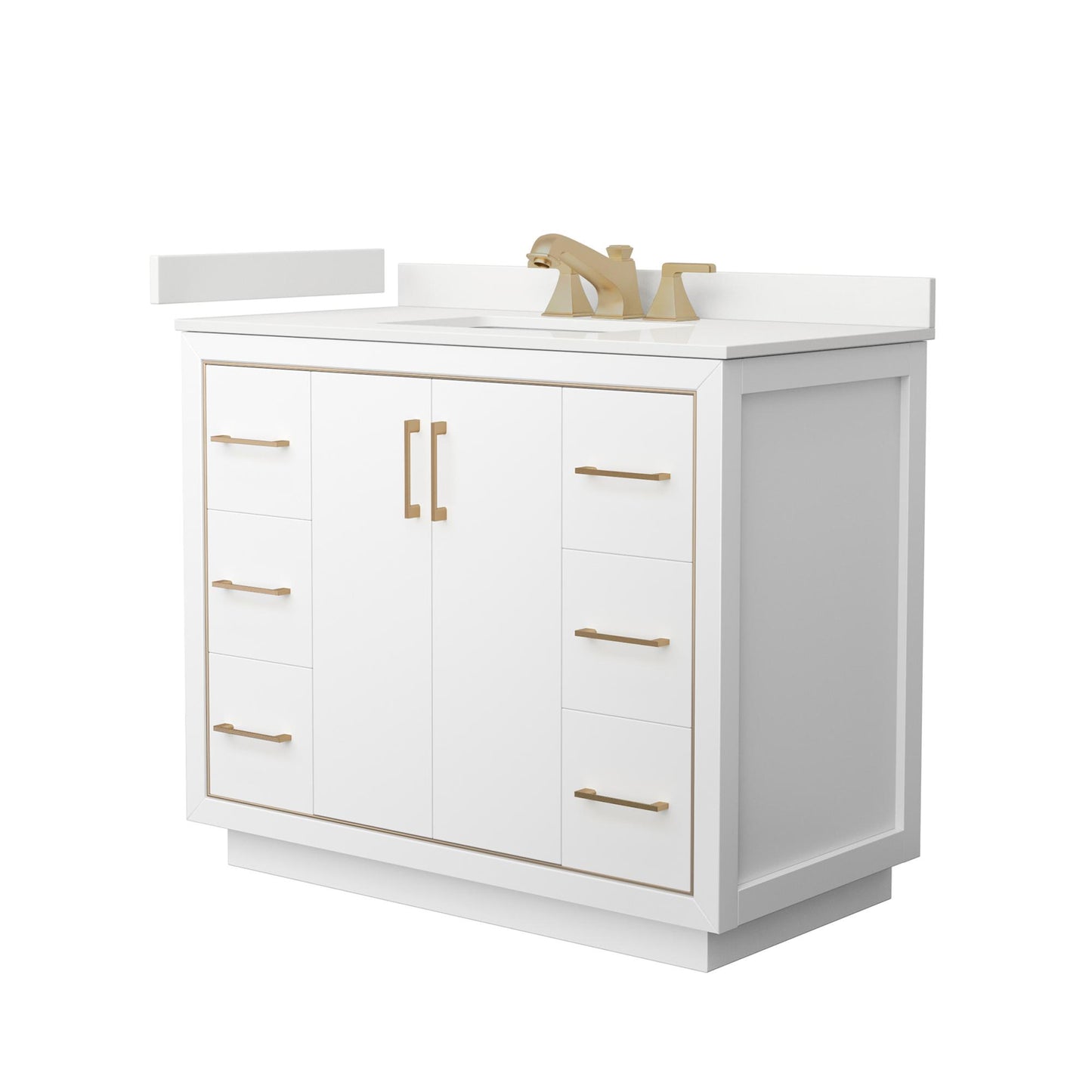 Wyndham Collection Icon 42" Single Bathroom Vanity in White, White Quartz Countertop, Undermount Square Sink (3-Hole), Satin Bronze Trim