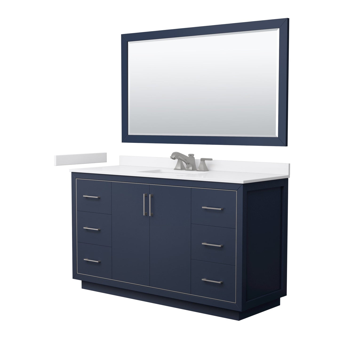 Wyndham Collection Icon 60" Single Bathroom Vanity in Dark Blue, White Cultured Marble Countertop, Undermount Square Sink (3-Hole), Brushed Nickel Trim, 58" Mirror