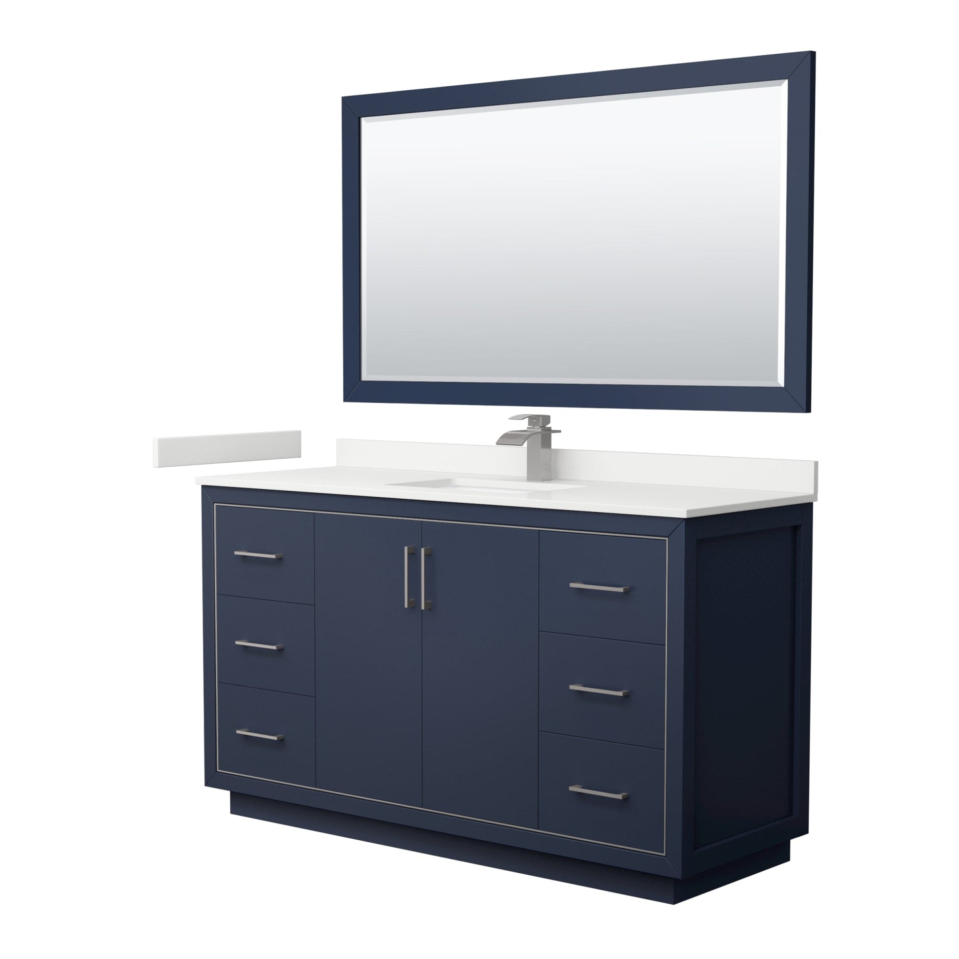 Wyndham Collection Icon 60" Single Bathroom Vanity in Dark Blue, White Quartz Countertop, Undermount Square Sink (1-Hole), Brushed Nickel Trim, 58" Mirror