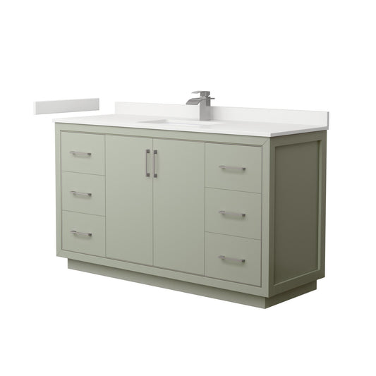 Wyndham Collection Icon 60" Single Bathroom Vanity in Light Green, White Quartz Countertop, Undermount Square Sink (1-Hole), Brushed Nickel Trim