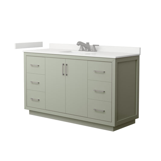 Wyndham Collection Icon 60" Single Bathroom Vanity in Light Green, White Quartz Countertop, Undermount Square Sink (3-Hole), Brushed Nickel Trim