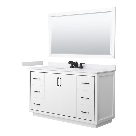 Wyndham Collection Icon 60" Single Bathroom Vanity in White, White Cultured Marble Countertop, Undermount Square Sink (3-Hole), Matte Black Trim, 58" Mirror