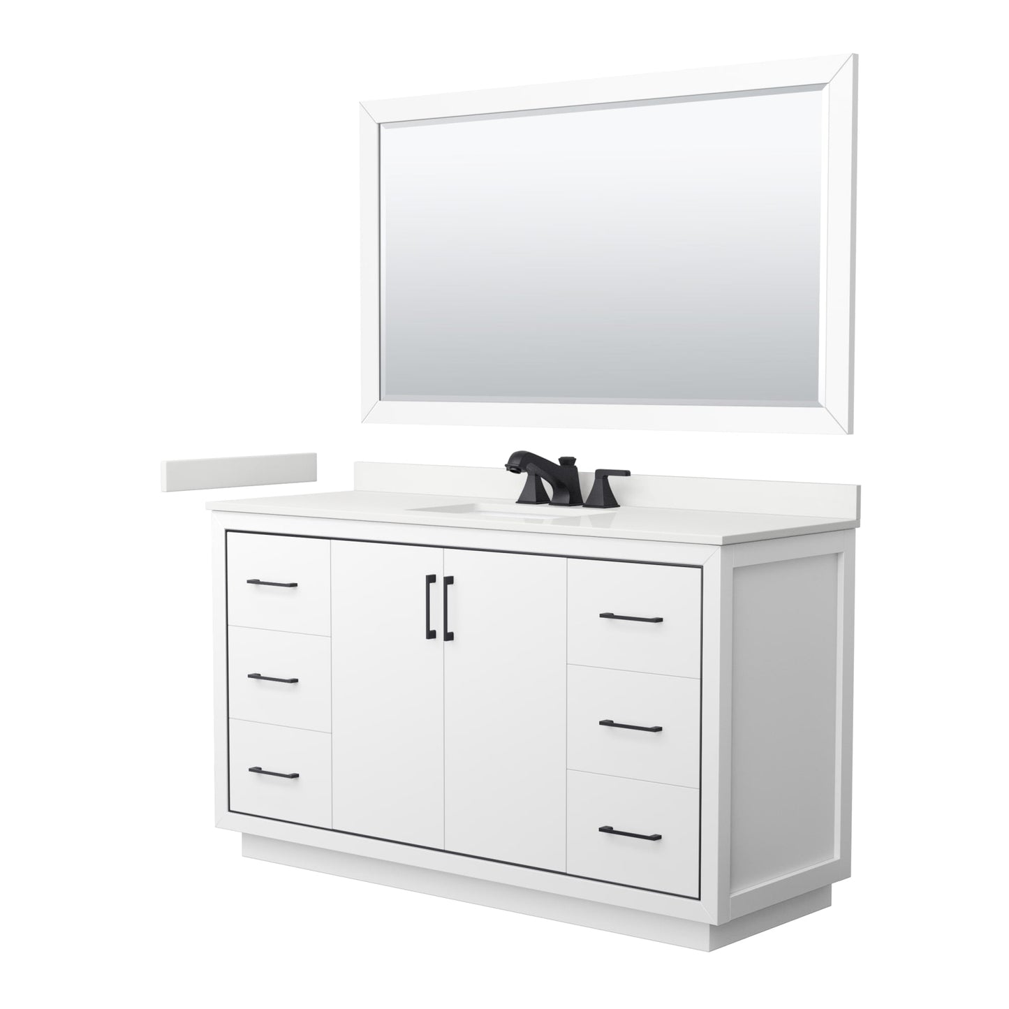 Wyndham Collection Icon 60" Single Bathroom Vanity in White, White Quartz Countertop, Undermount Square Sink (3-Hole), Matte Black Trim, 58" Mirror