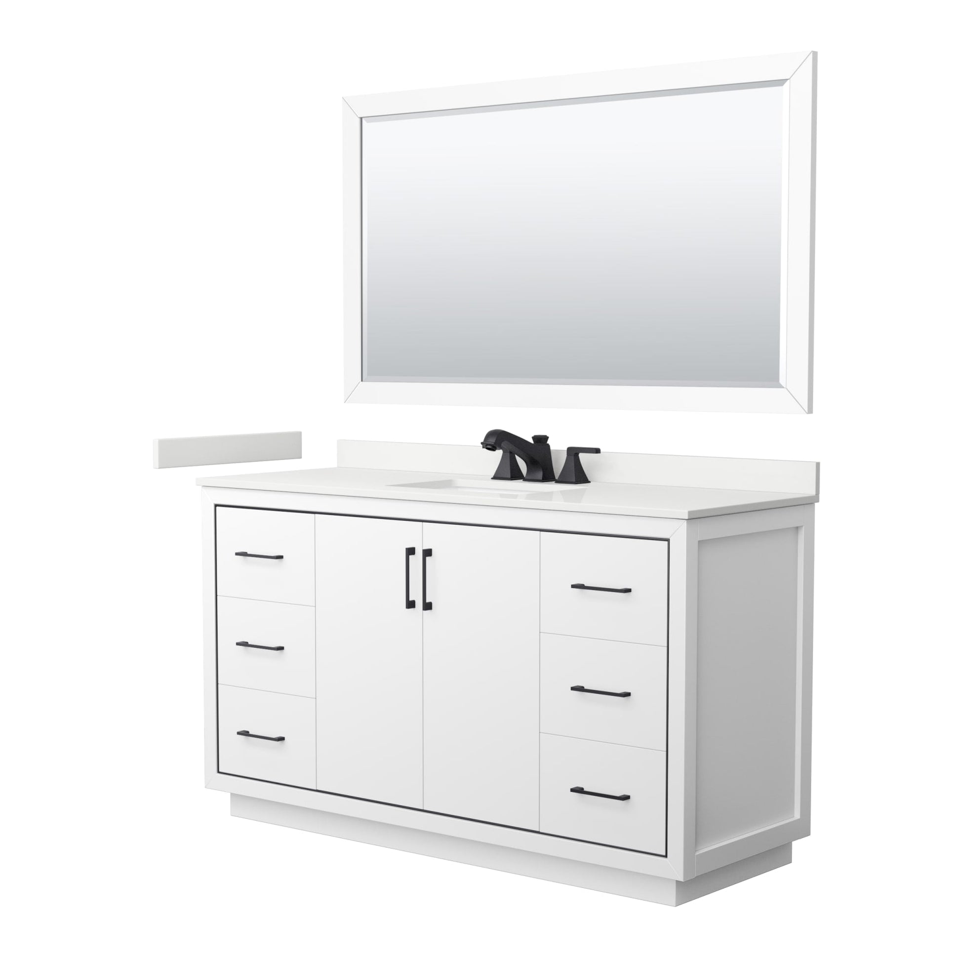 Wyndham Collection Icon 60" Single Bathroom Vanity in White, White Quartz Countertop, Undermount Square Sink (3-Hole), Matte Black Trim, 58" Mirror