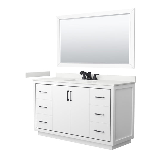 Wyndham Collection Icon 60" Single Bathroom Vanity in White, White Quartz Countertop, Undermount Square Sink (3-Hole), Matte Black Trim, 58" Mirror