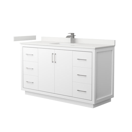 Wyndham Collection Icon 60" Single Bathroom Vanity in White, White Quartz Countertop, Undermount Square Sink (1-Hole), Brushed Nickel Trim