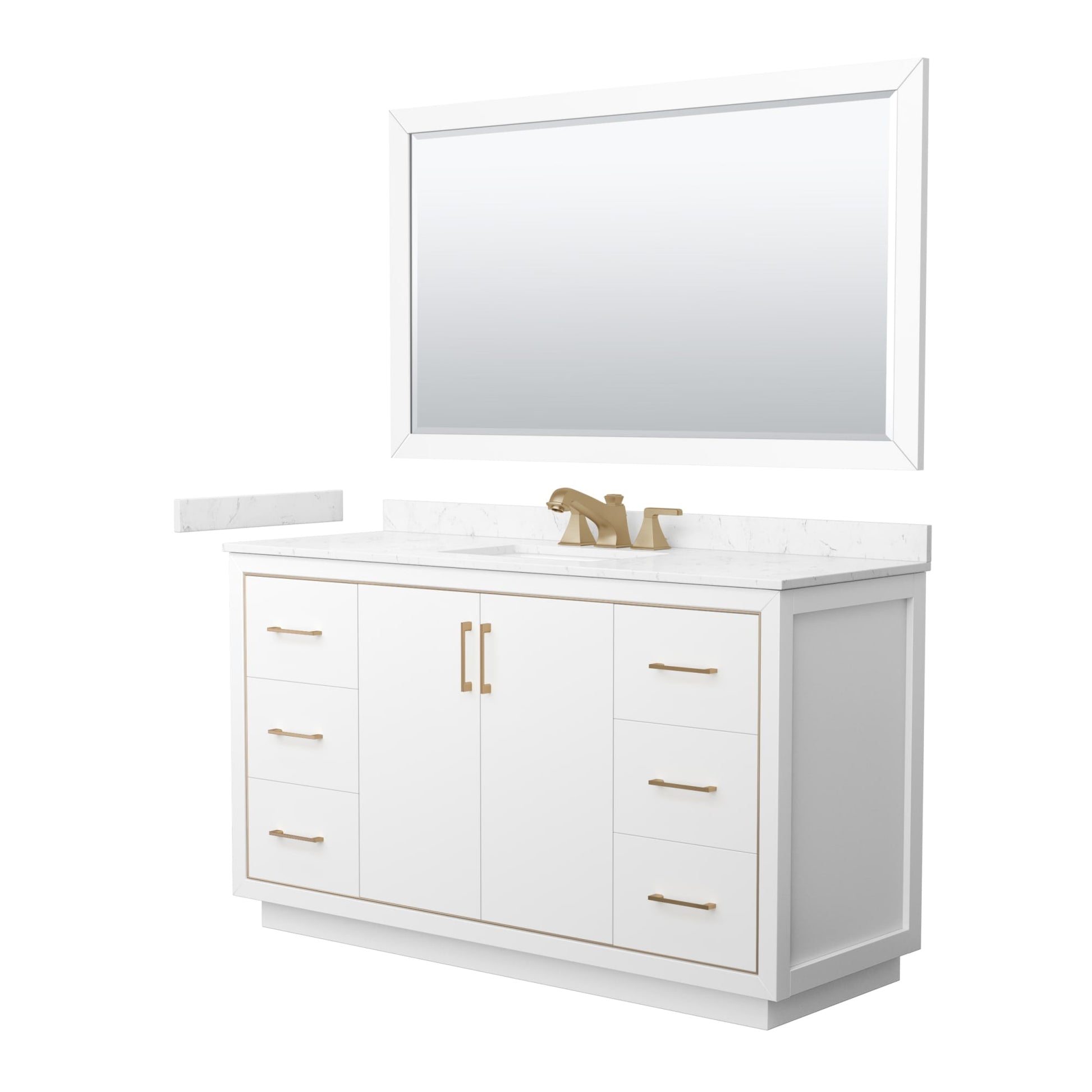 Wyndham Collection Icon 60" Single Bathroom Vanity in White, Carrara Cultured Marble Countertop, Undermount Square Sink (3-Hole), Satin Bronze Trim, 58" Mirror