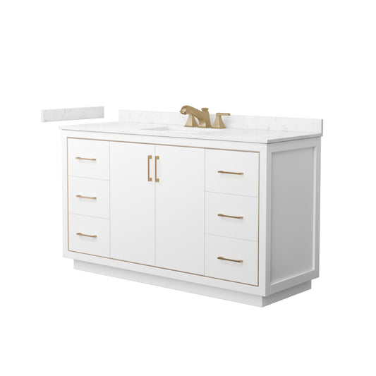 Wyndham Collection Icon 60" Single Bathroom Vanity in White, Carrara Cultured Marble Countertop, Undermount Square Sink (3-Hole), Satin Bronze Trim