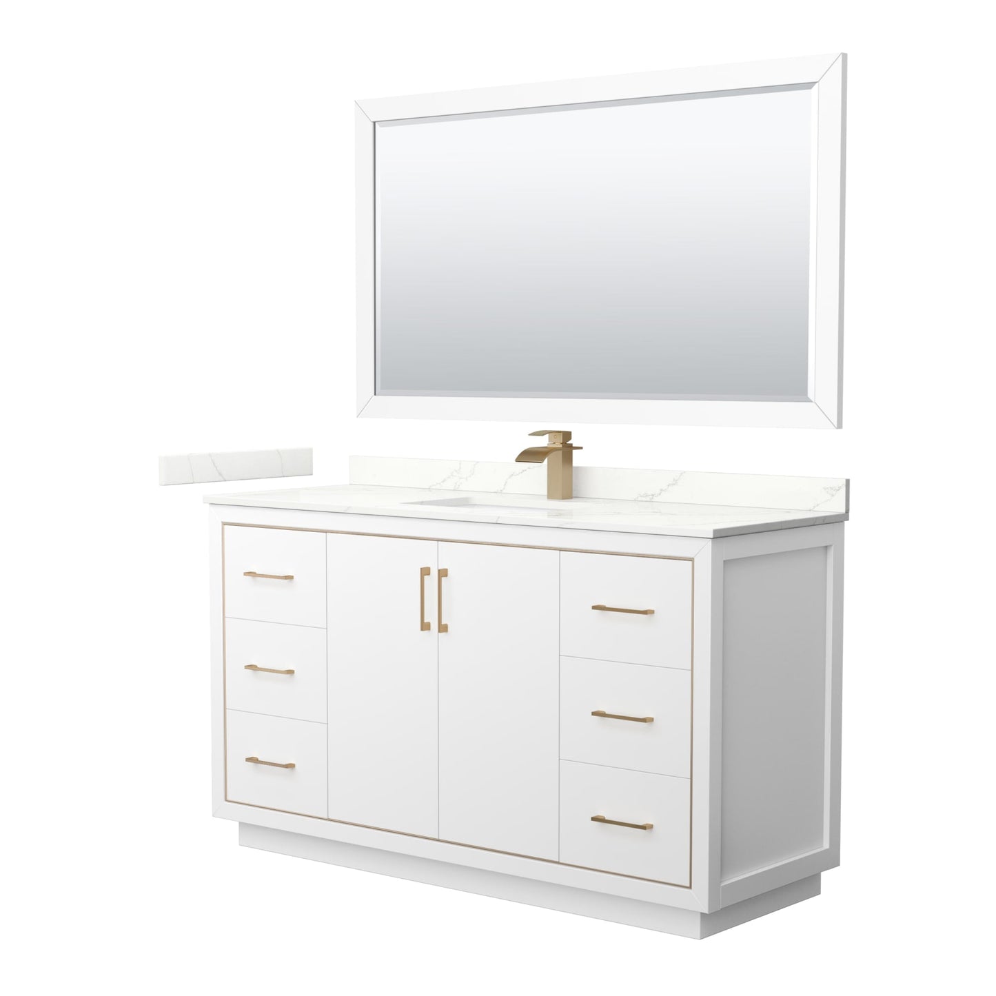 Wyndham Collection Icon 60" Single Bathroom Vanity in White, Giotto Quartz Countertop, Undermount Square Sink (1-Hole), Satin Bronze Trim, 58" Mirror
