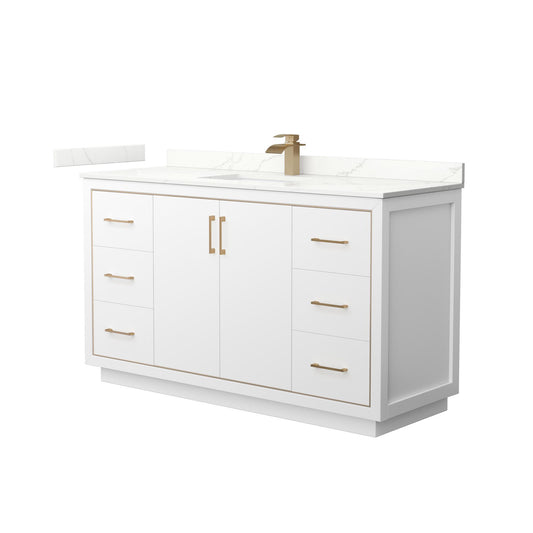 Wyndham Collection Icon 60" Single Bathroom Vanity in White, Giotto Quartz Countertop, Undermount Square Sink (1-Hole), Satin Bronze Trim