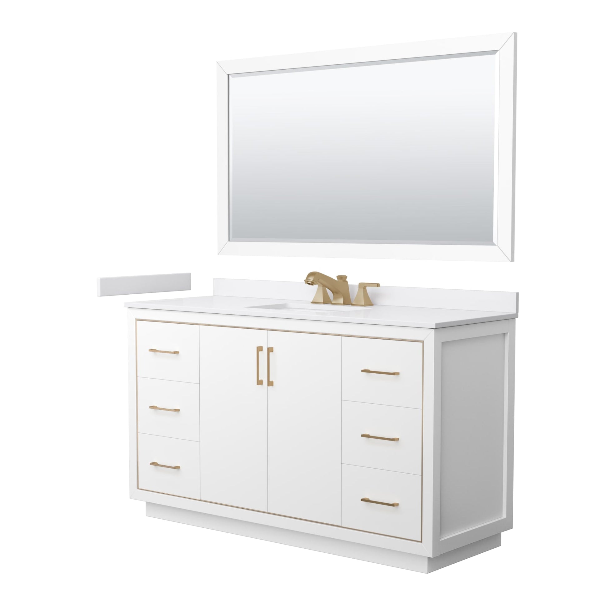 Wyndham Collection Icon 60" Single Bathroom Vanity in White, White Cultured Marble Countertop, Undermount Square Sink (3-Hole), Satin Bronze Trim, 58" Mirror