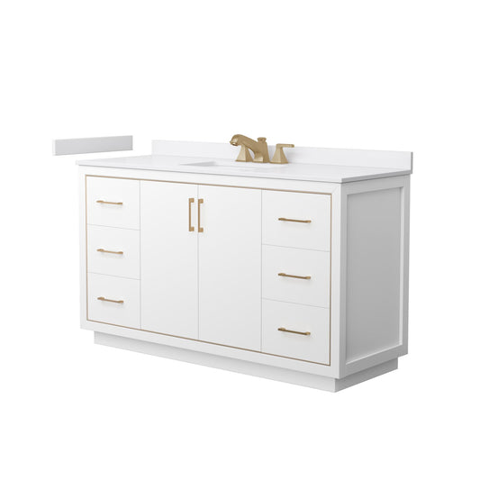Wyndham Collection Icon 60" Single Bathroom Vanity in White, White Cultured Marble Countertop, Undermount Square Sink (3-Hole), Satin Bronze Trim