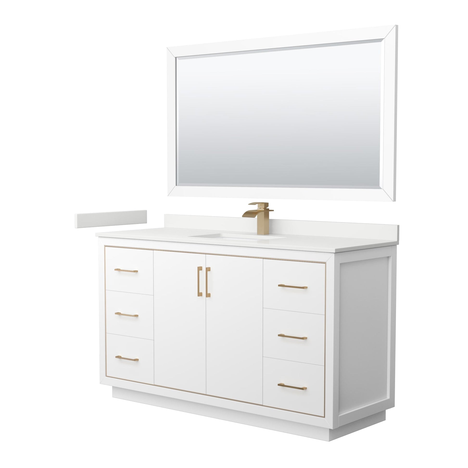 Wyndham Collection Icon 60" Single Bathroom Vanity in White, White Quartz Countertop, Undermount Square Sink (1-Hole), Satin Bronze Trim, 58" Mirror