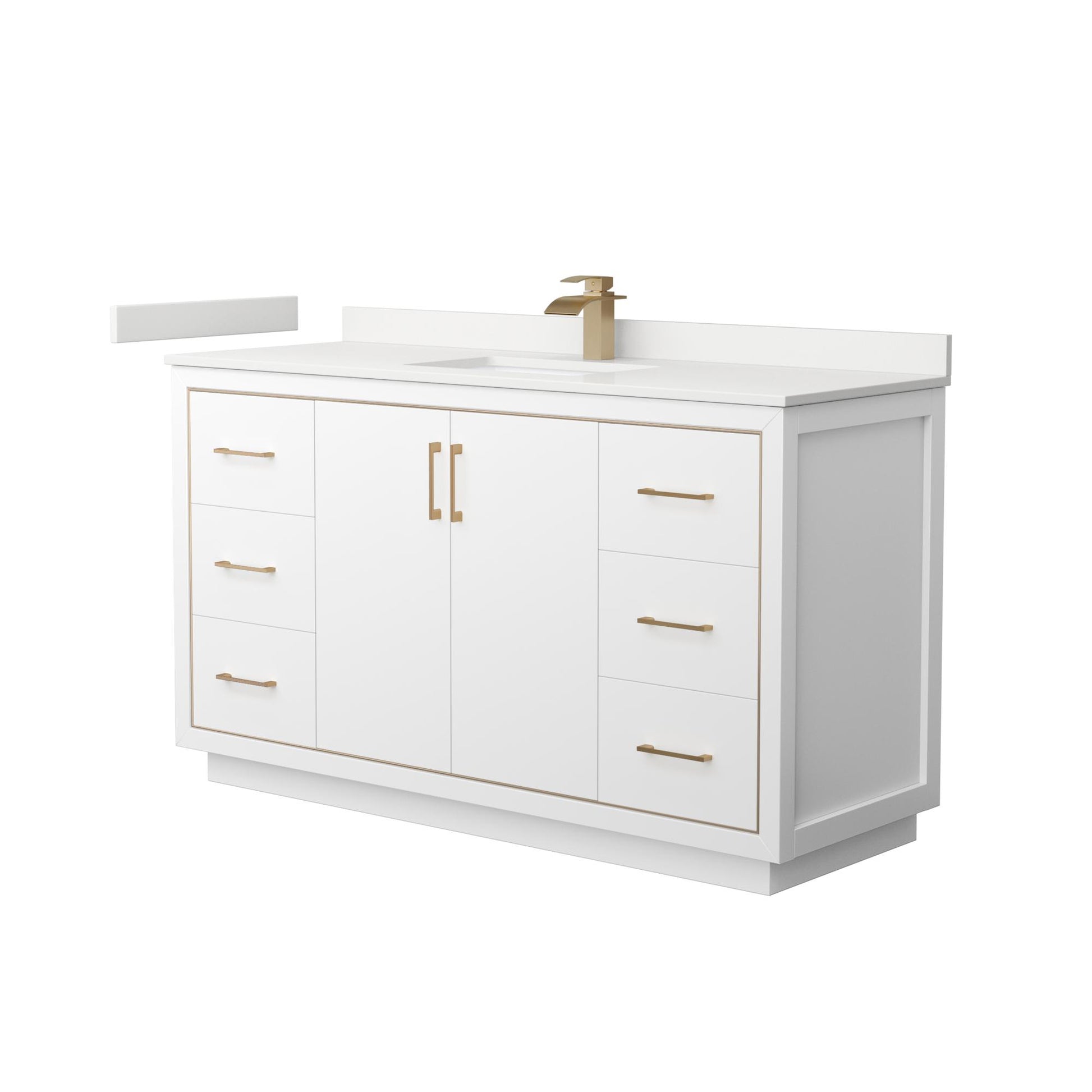 Wyndham Collection Icon 60" Single Bathroom Vanity in White, White Quartz Countertop, Undermount Square Sink (1-Hole), Satin Bronze Trim