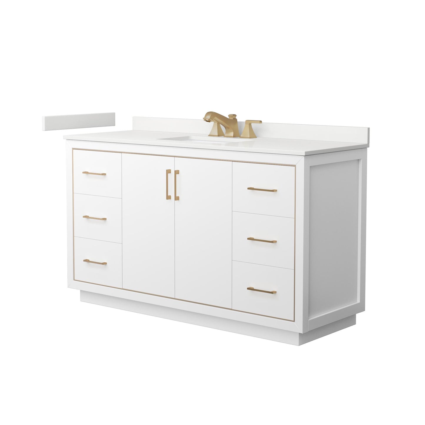 Wyndham Collection Icon 60" Single Bathroom Vanity in White, White Quartz Countertop, Undermount Square Sink (3-Hole), Satin Bronze Trim