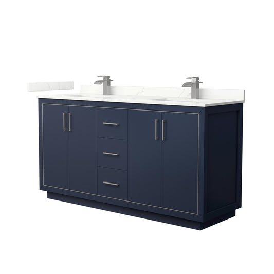 Wyndham Collection Icon 66" Double Bathroom Vanity in Dark Blue, Giotto Quartz Countertop, Undermount Square Sinks (1-Hole), Brushed Nickel Trim