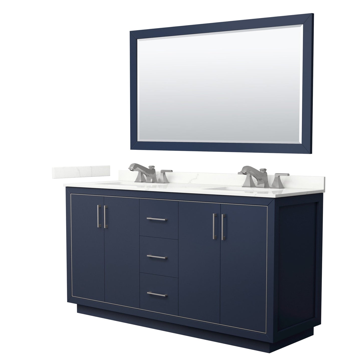 Wyndham Collection Icon 66" Double Bathroom Vanity in Dark Blue, Giotto Quartz Countertop, Undermount Square Sinks (3-Hole), Brushed Nickel Trim, 58" Mirror