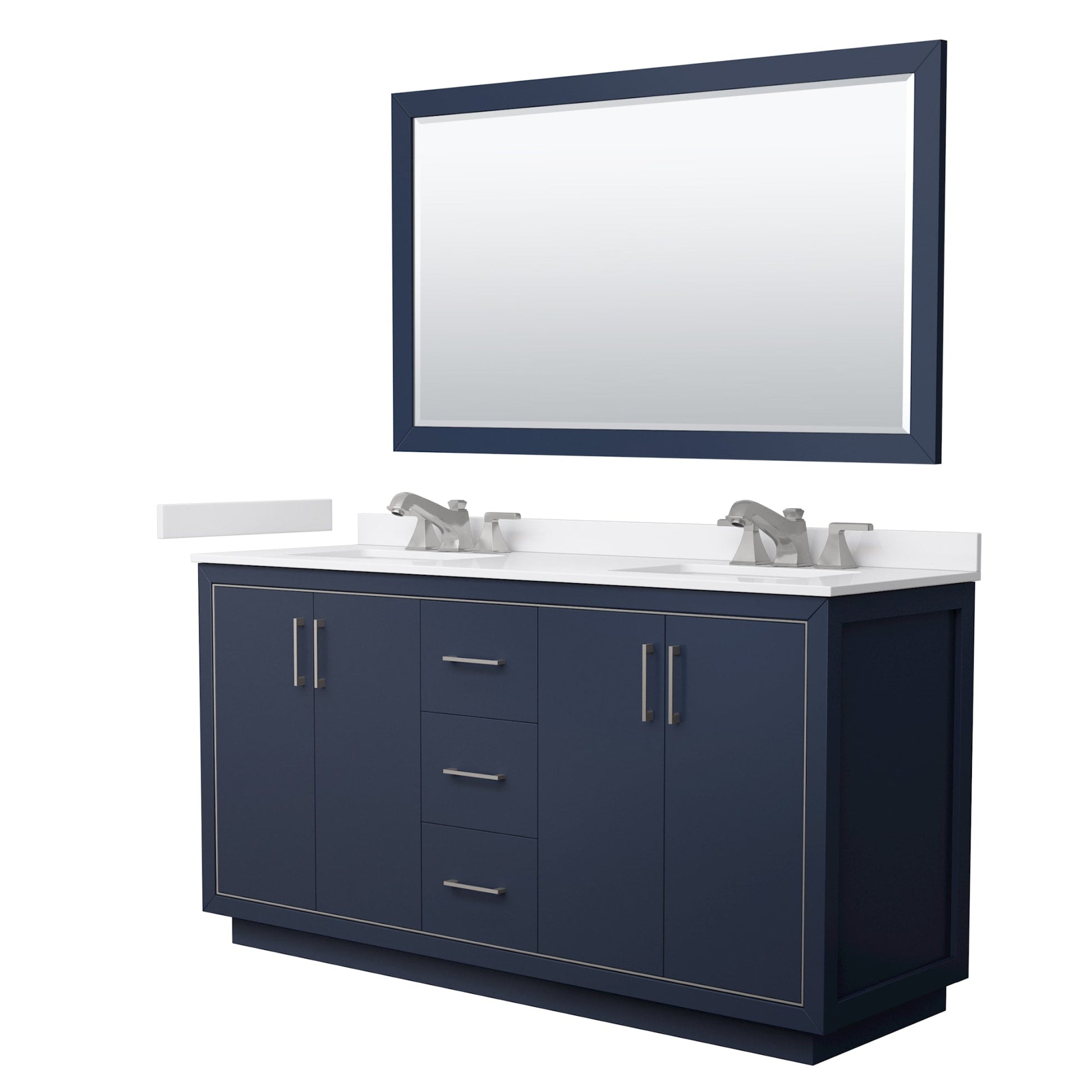 Wyndham Collection Icon 66" Double Bathroom Vanity in Dark Blue, White Cultured Marble Countertop, Undermount Square Sinks (3-Hole), Brushed Nickel Trim, 58" Mirror