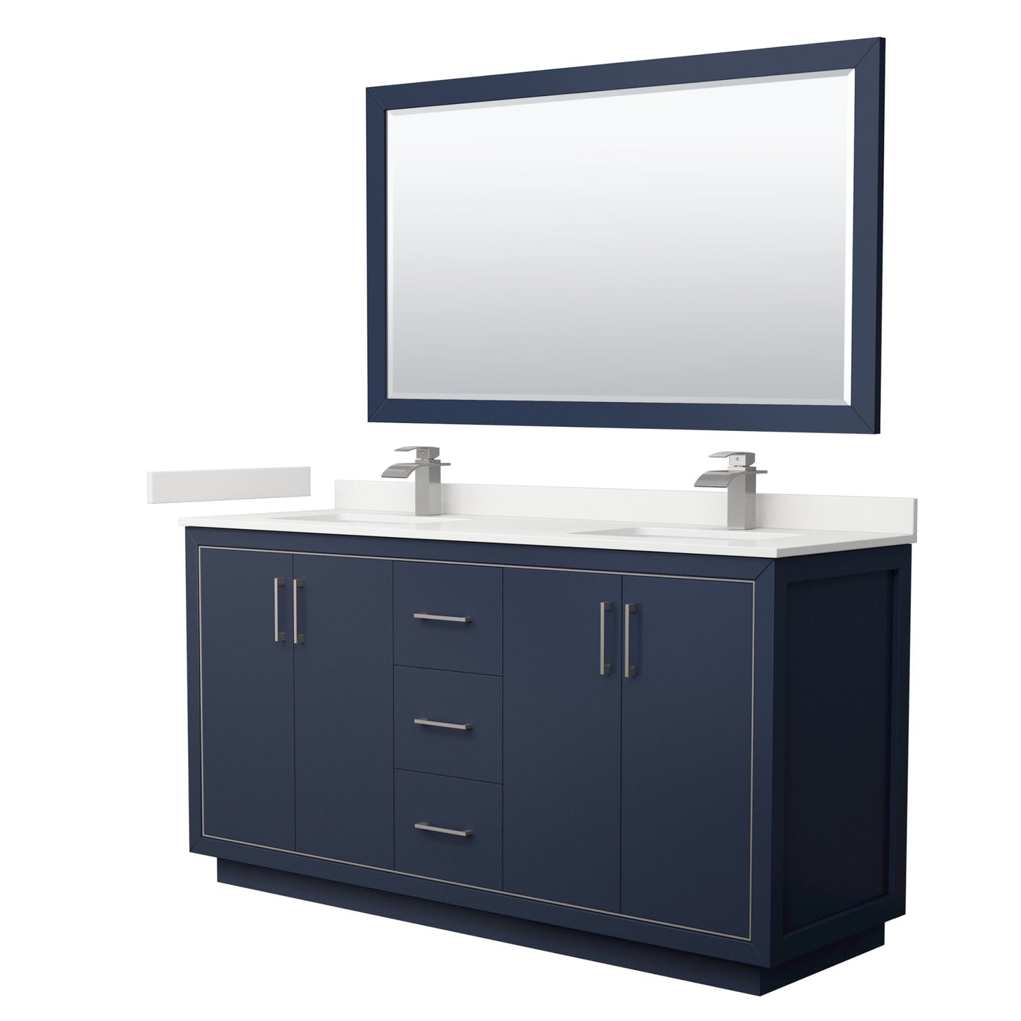 Wyndham Collection Icon 66" Double Bathroom Vanity in Dark Blue, White Quartz Countertop, Undermount Square Sinks (1-Hole), Brushed Nickel Trim, 58" Mirror