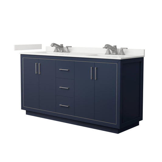 Wyndham Collection Icon 66" Double Bathroom Vanity in Dark Blue, White Quartz Countertop, Undermount Square Sinks (3-Hole), Brushed Nickel Trim
