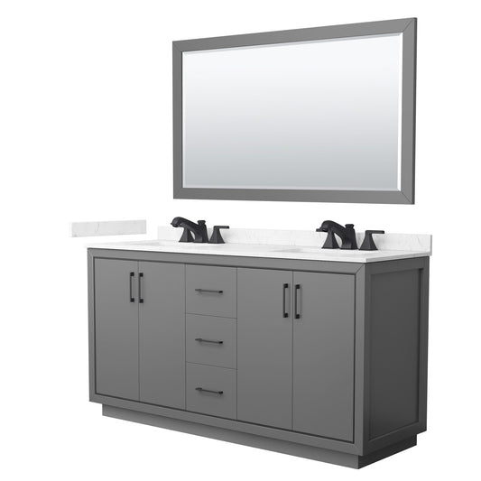 Wyndham Collection Icon 66" Double Bathroom Vanity in Dark Gray, Carrara Cultured Marble Countertop, Undermount Square Sinks (3-Hole), Matte Black Trim, 58" Mirror
