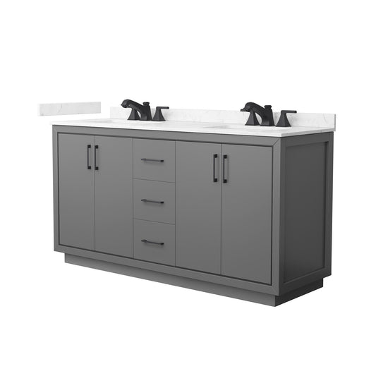 Wyndham Collection Icon 66" Double Bathroom Vanity in Dark Gray, Carrara Cultured Marble Countertop, Undermount Square Sinks (3-Hole), Matte Black Trim