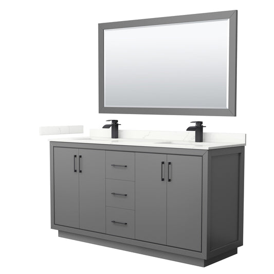 Wyndham Collection Icon 66" Double Bathroom Vanity in Dark Gray, Giotto Quartz Countertop, Undermount Square Sinks (1-Hole), Matte Black Trim, 58" Mirror