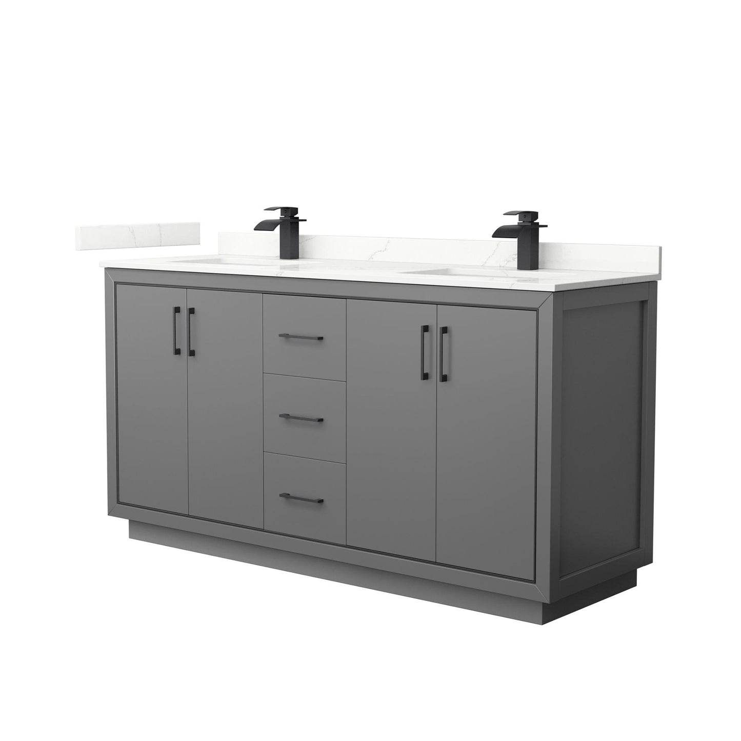 Wyndham Collection Icon 66" Double Bathroom Vanity in Dark Gray, Giotto Quartz Countertop, Undermount Square Sinks (1-Hole), Matte Black Trim