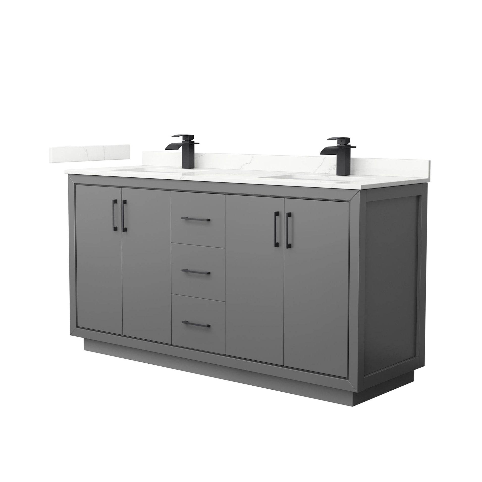 Wyndham Collection Icon 66" Double Bathroom Vanity in Dark Gray, Giotto Quartz Countertop, Undermount Square Sinks (1-Hole), Matte Black Trim