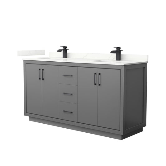 Wyndham Collection Icon 66" Double Bathroom Vanity in Dark Gray, Giotto Quartz Countertop, Undermount Square Sinks (1-Hole), Matte Black Trim