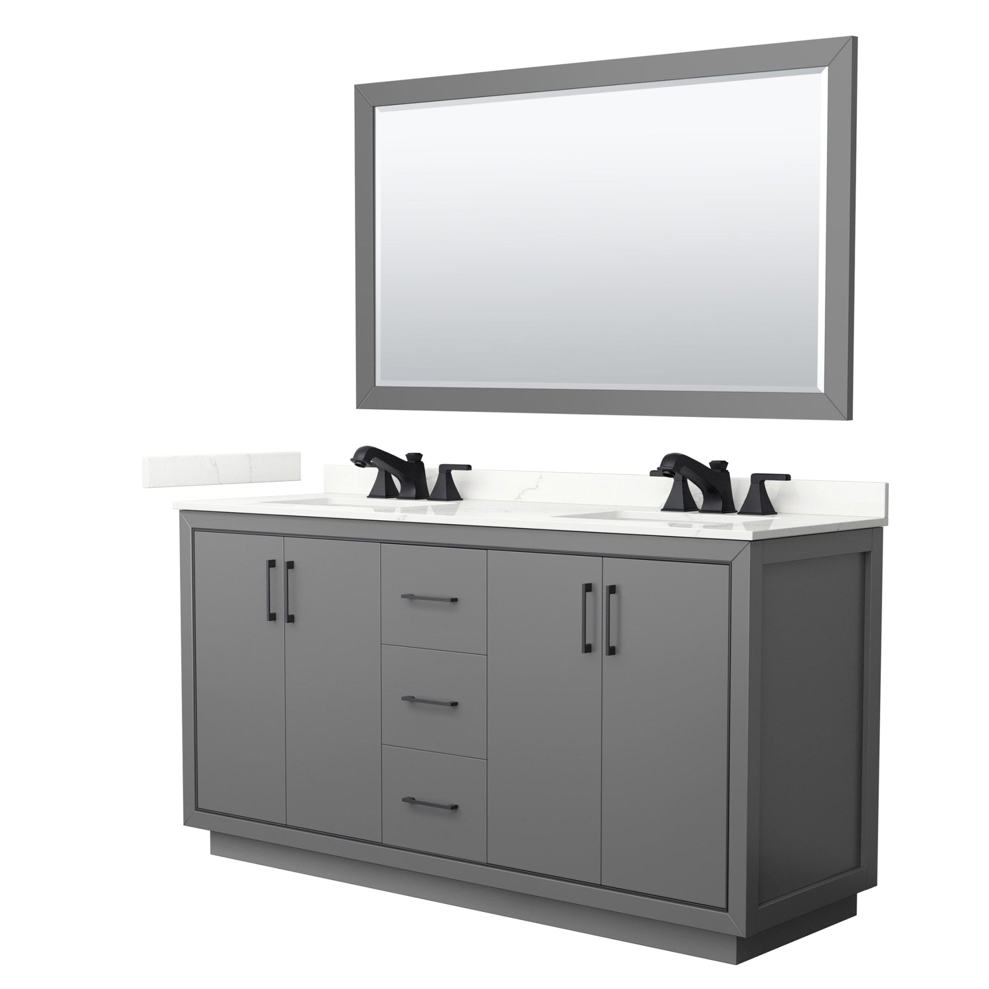 Wyndham Collection Icon 66" Double Bathroom Vanity in Dark Gray, Giotto Quartz Countertop, Undermount Square Sinks (3-Hole), Matte Black Trim, 58" Mirror