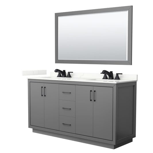 Wyndham Collection Icon 66" Double Bathroom Vanity in Dark Gray, Giotto Quartz Countertop, Undermount Square Sinks (3-Hole), Matte Black Trim, 58" Mirror