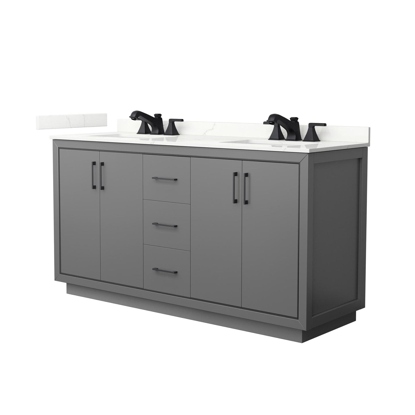 Wyndham Collection Icon 66" Double Bathroom Vanity in Dark Gray, Giotto Quartz Countertop, Undermount Square Sinks (3-Hole), Matte Black Trim