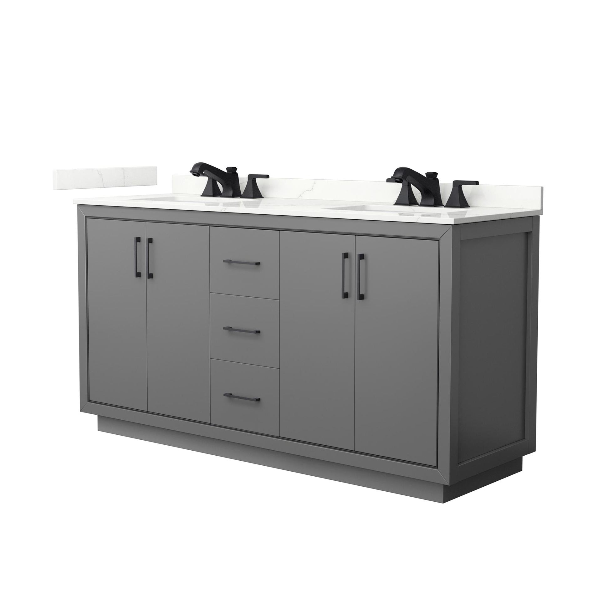 Wyndham Collection Icon 66" Double Bathroom Vanity in Dark Gray, Giotto Quartz Countertop, Undermount Square Sinks (3-Hole), Matte Black Trim