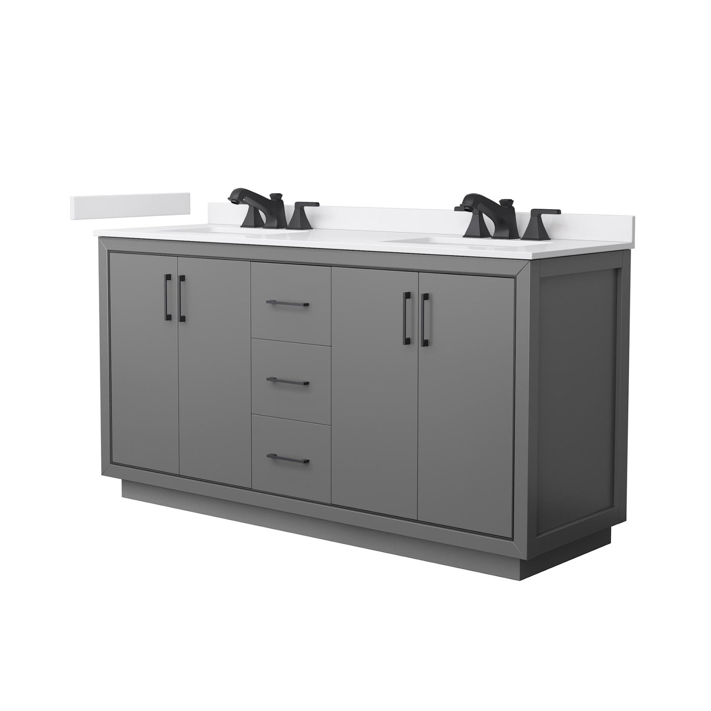 Wyndham Collection Icon 66" Double Bathroom Vanity in Dark Gray, White Cultured Marble Countertop, Undermount Square Sinks (3-Hole), Matte Black Trim