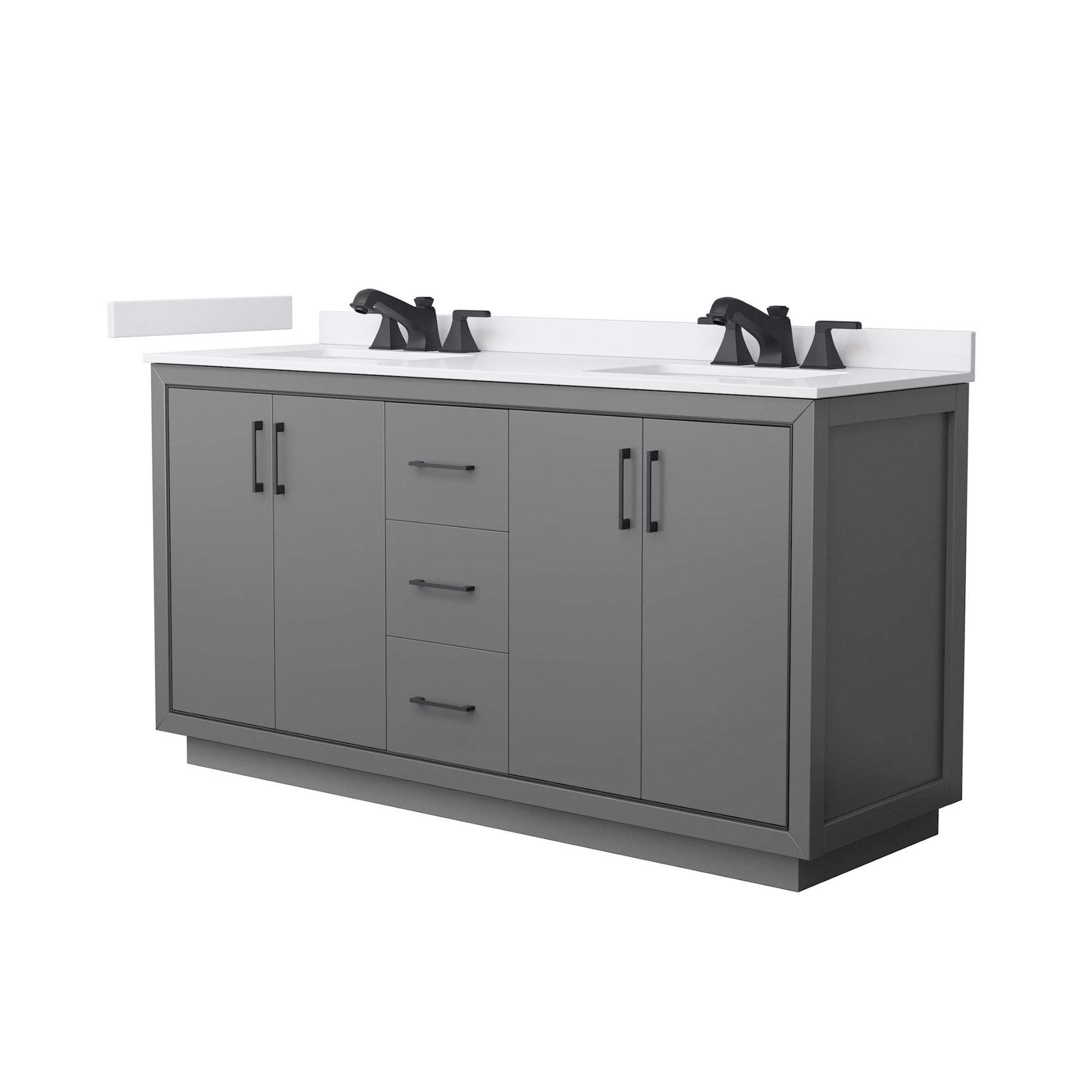 Wyndham Collection Icon 66" Double Bathroom Vanity in Dark Gray, White Cultured Marble Countertop, Undermount Square Sinks (3-Hole), Matte Black Trim