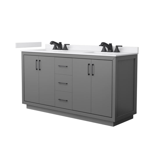 Wyndham Collection Icon 66" Double Bathroom Vanity in Dark Gray, White Cultured Marble Countertop, Undermount Square Sinks (3-Hole), Matte Black Trim