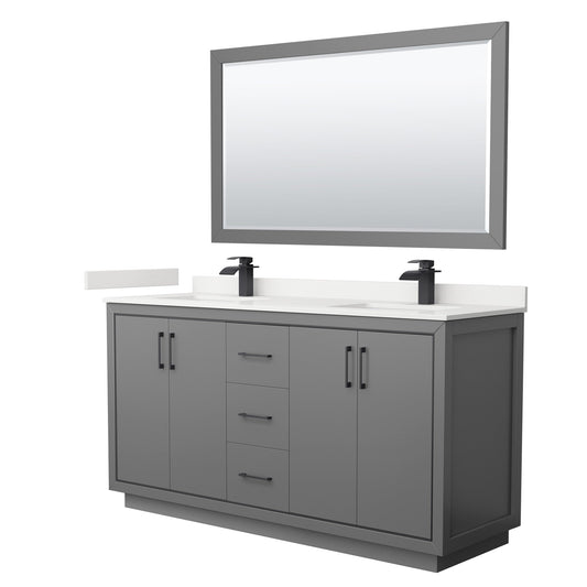 Wyndham Collection Icon 66" Double Bathroom Vanity in Dark Gray, White Quartz Countertop, Undermount Square Sinks (1-Hole), Matte Black Trim, 58" Mirror