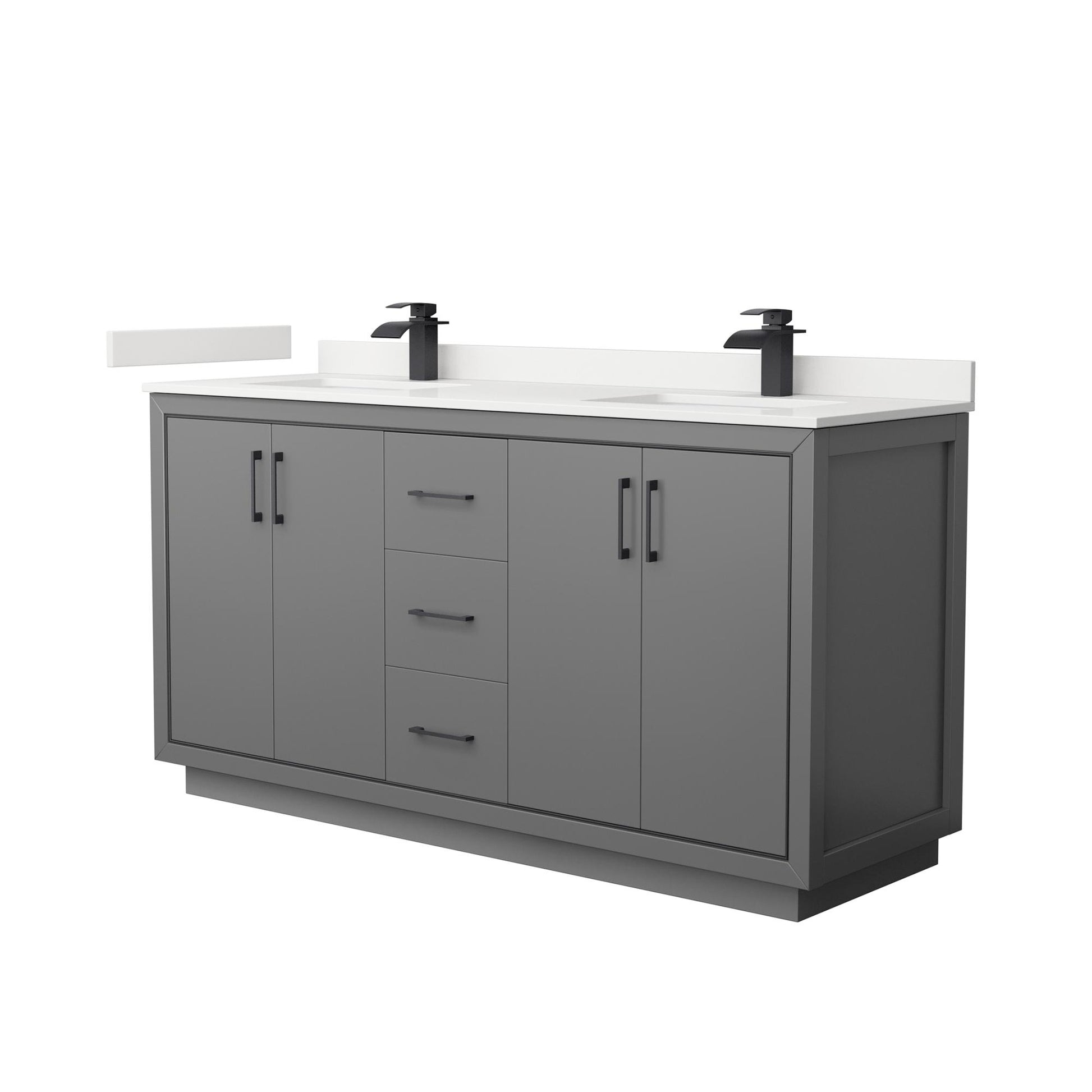 Wyndham Collection Icon 66" Double Bathroom Vanity in Dark Gray, White Quartz Countertop, Undermount Square Sinks (1-Hole), Matte Black Trim