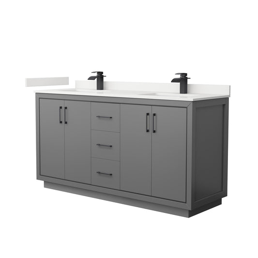 Wyndham Collection Icon 66" Double Bathroom Vanity in Dark Gray, White Quartz Countertop, Undermount Square Sinks (1-Hole), Matte Black Trim