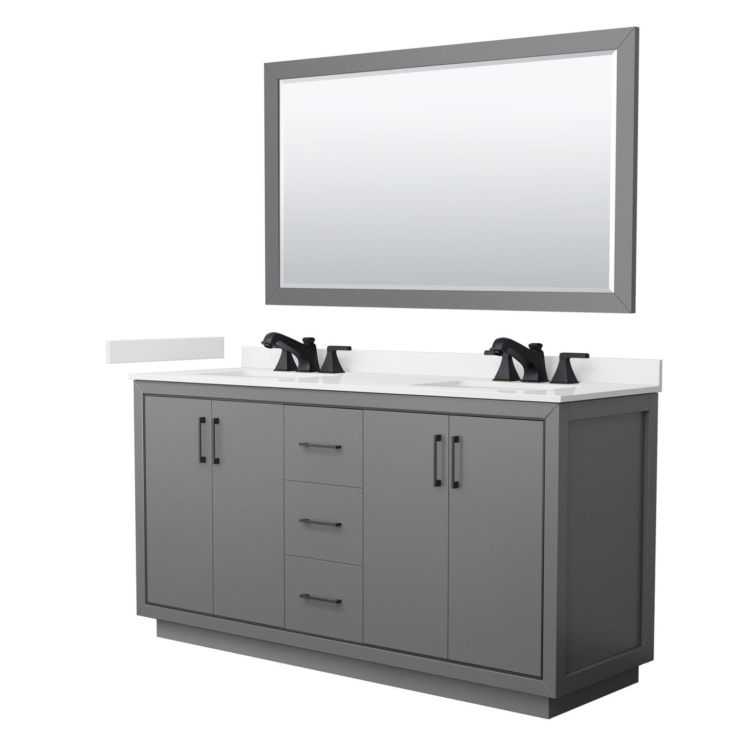Wyndham Collection Icon 66" Double Bathroom Vanity in Dark Gray, White Quartz Countertop, Undermount Square Sinks (3-Hole), Matte Black Trim, 58" Mirror