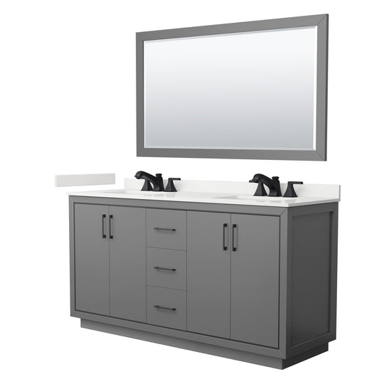 Wyndham Collection Icon 66" Double Bathroom Vanity in Dark Gray, White Quartz Countertop, Undermount Square Sinks (3-Hole), Matte Black Trim, 58" Mirror
