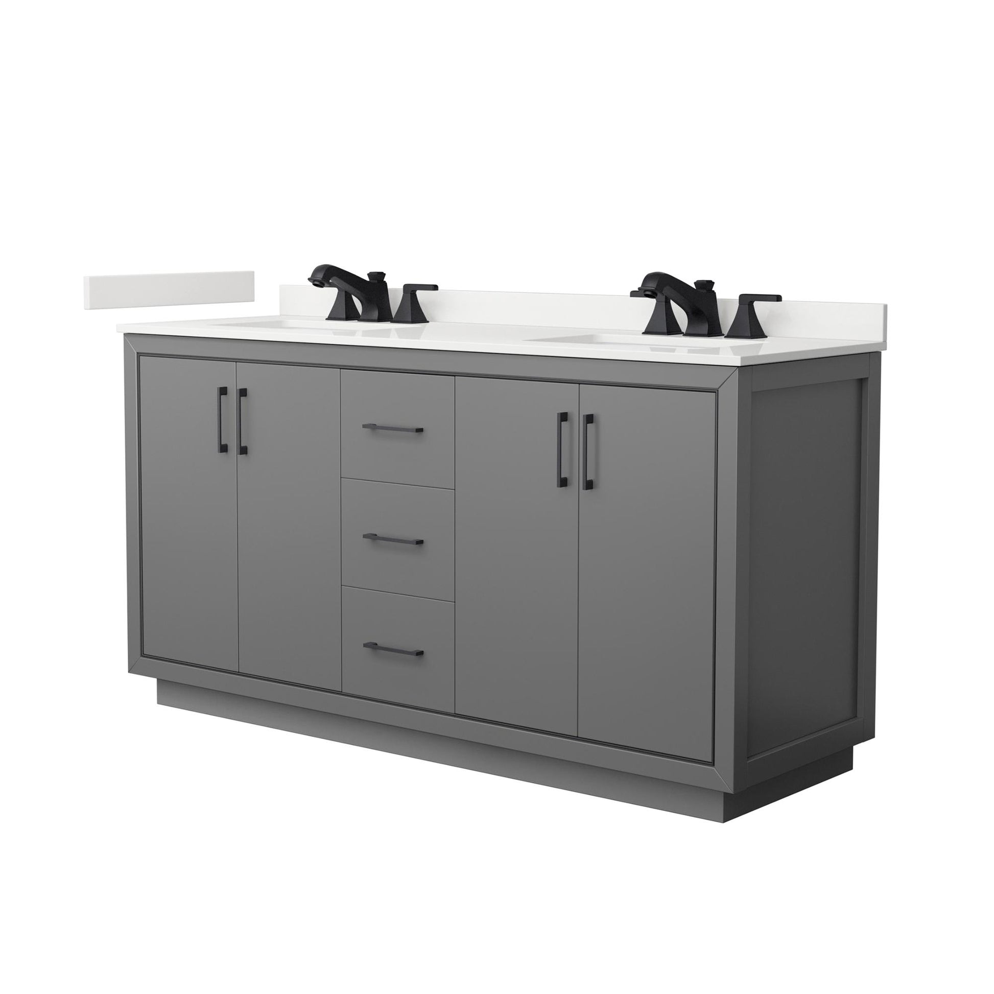 Wyndham Collection Icon 66" Double Bathroom Vanity in Dark Gray, White Quartz Countertop, Undermount Square Sinks (3-Hole), Matte Black Trim