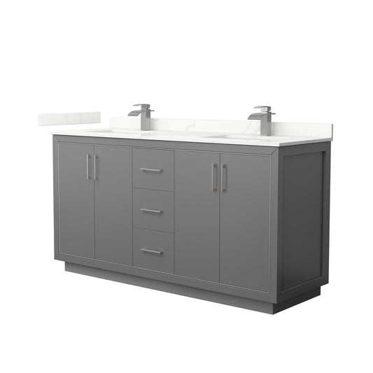 Wyndham Collection Icon 66" Double Bathroom Vanity in Dark Gray, Giotto Quartz Countertop, Undermount Square Sinks (1-Hole), Brushed Nickel Trim