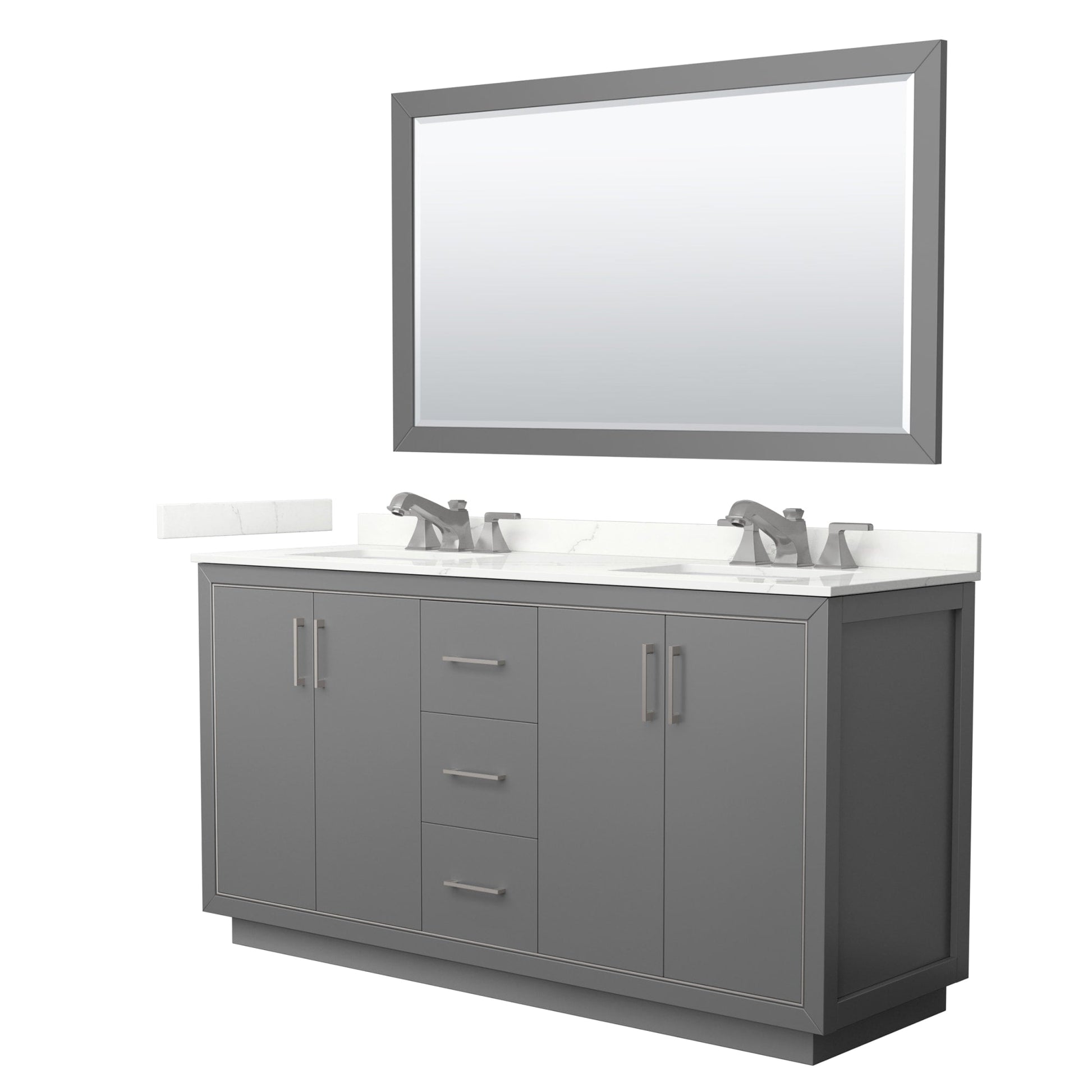 Wyndham Collection Icon 66" Double Bathroom Vanity in Dark Gray, Giotto Quartz Countertop, Undermount Square Sinks (3-Hole), Brushed Nickel Trim, 58" Mirror