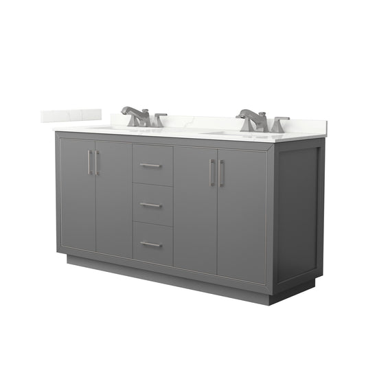 Wyndham Collection Icon 66" Double Bathroom Vanity in Dark Gray, Giotto Quartz Countertop, Undermount Square Sinks (3-Hole), Brushed Nickel Trim